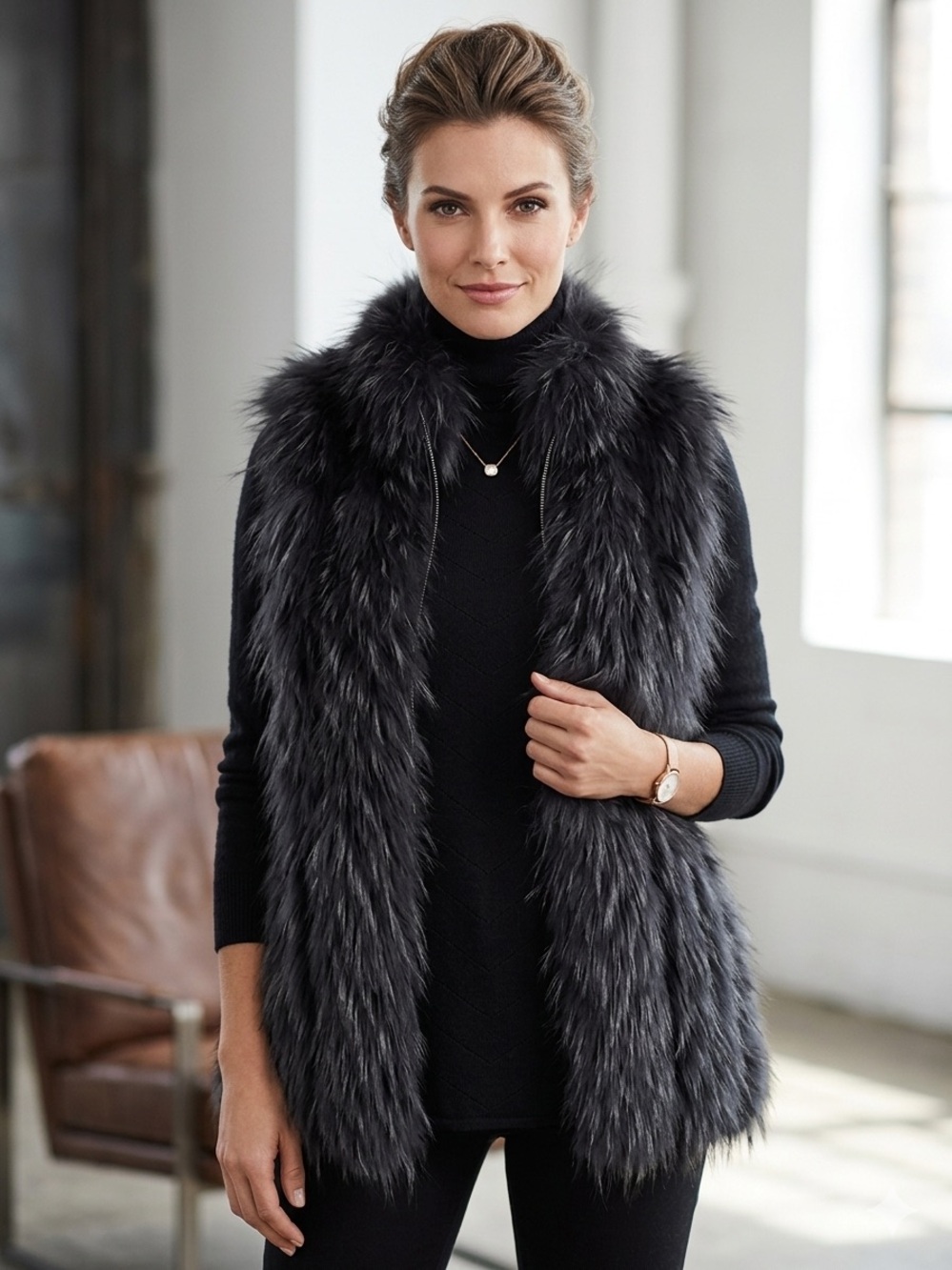 BCBG MaxAzria 100% Asiatic‎ Raccoon Fur Vest Black Size S Luxury Statement Gilet